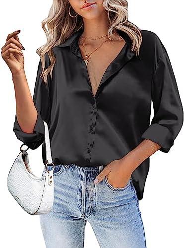 HOTOUCH Women Satin Silk Button Down Shirt Ladies Long Sleeve Tops V Neck Loose Blouse Dressy Business Casual Work Tunic Fall, XL