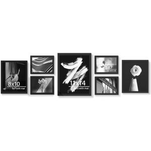 Real Glass Collage Picture Frames - 7 Pack, Gallery Frame Set, Multi Sizes Including 11x14, 8x10, 5x7, Collage Wall Decor for Hanging or Tabletop Display, Black