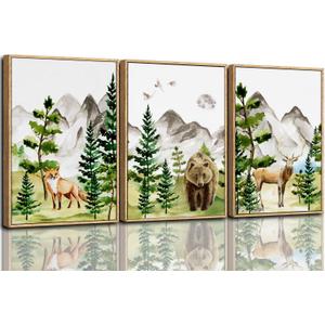 CHDITB Watercolor Forest Animal Nursery Wall Art, Framed Canvas Mountain Wall Decor, Nature Woodland Landscape Wall Painting, Fox Bear Deer Art Prints for Baby Bedroom, Living Room - 16"x24"x3