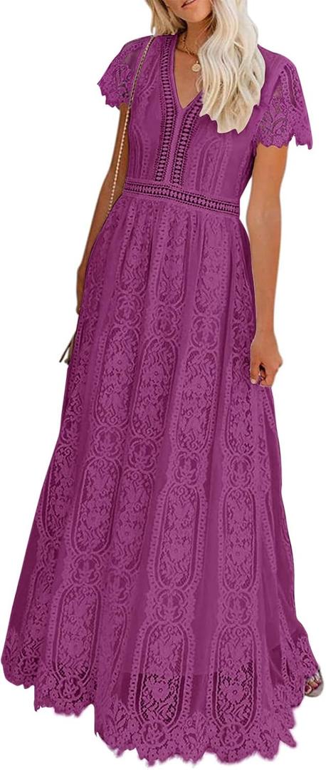 MEROKEETY Women's 2026 V Neck Short Sleeve Floral Lace Wedding Dress A Line Boho Bridesmaid Cocktail Party Maxi Dress (Plum, L)
