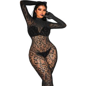 Sexy Lace Leopard Jumpsuit For Women, Fishnet Bodysuit Glow Party Club, Poster One Piece Mesh Full Body Rave Outfits (Black)