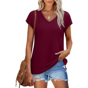 SAMPEEL Womens Summer Tops 2025 Cap Sleeve Trendy V Neck Loose Fit T Shirts (Small, Plain Burgundy)