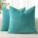 decorUhome Chenille Turquoise Summer Throw Pillow Covers 18x18 Inch Set of 2, Decorative Soft Couch Pillow Covers Solid Dyed Accent Farmhouse Neutral Square Pillow Cases for Sofa