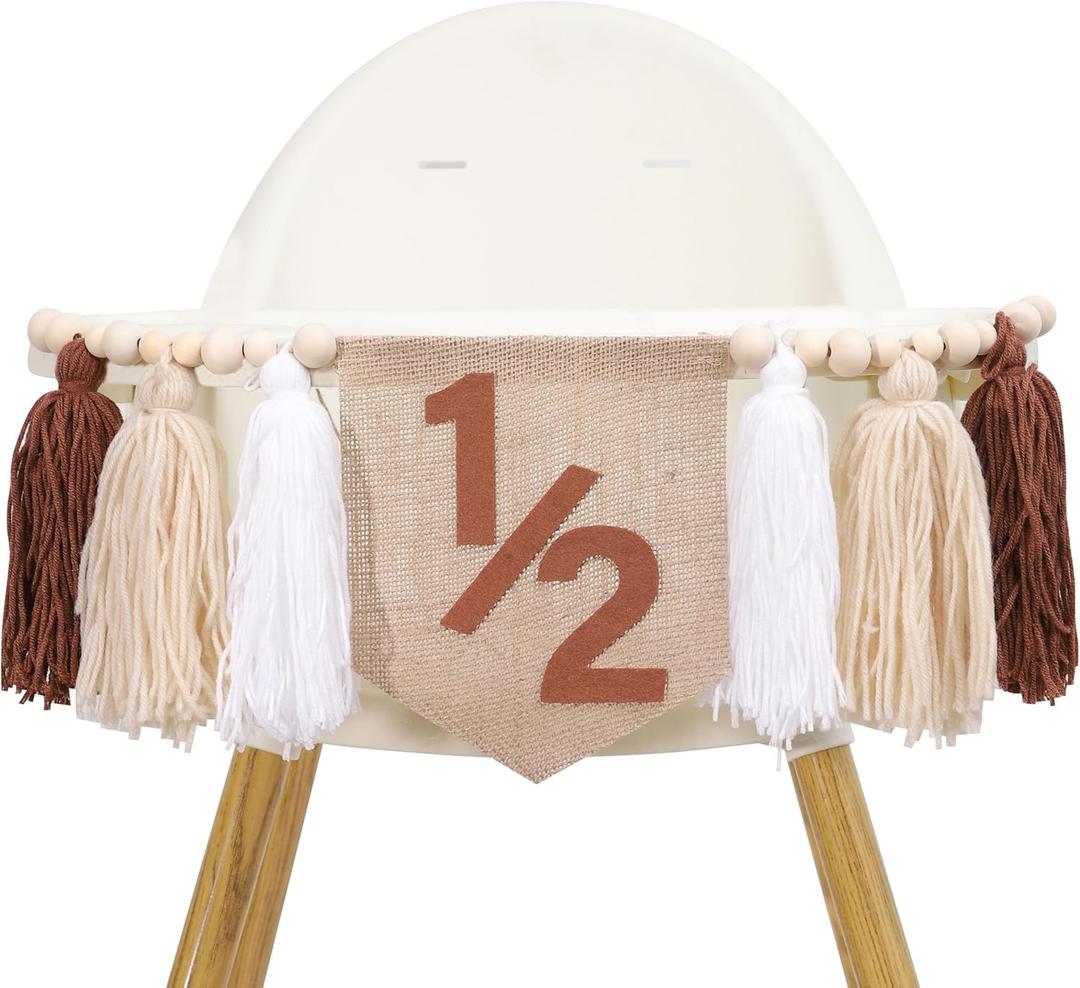 1/2 Birthday for High Chair Banner - Half Way to One Party Decorations,Tassel Wood Bead Highchair Garland,Baby 1/2 Birthday Cake Smash Party Decor,Six Months Tassel Banner Photo Prop (brown)