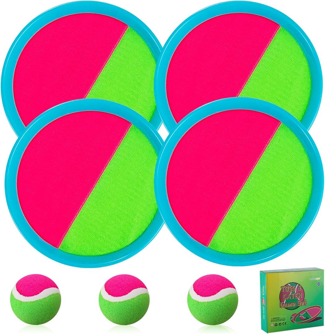 Beach Games, Outdoor Toys for Kids Ages 4-8, Toss and Catch Ball Set, with 4 Paddles 3 Balls, and 1 Storage Bag, Beach Toys Easter Gifts for Kids