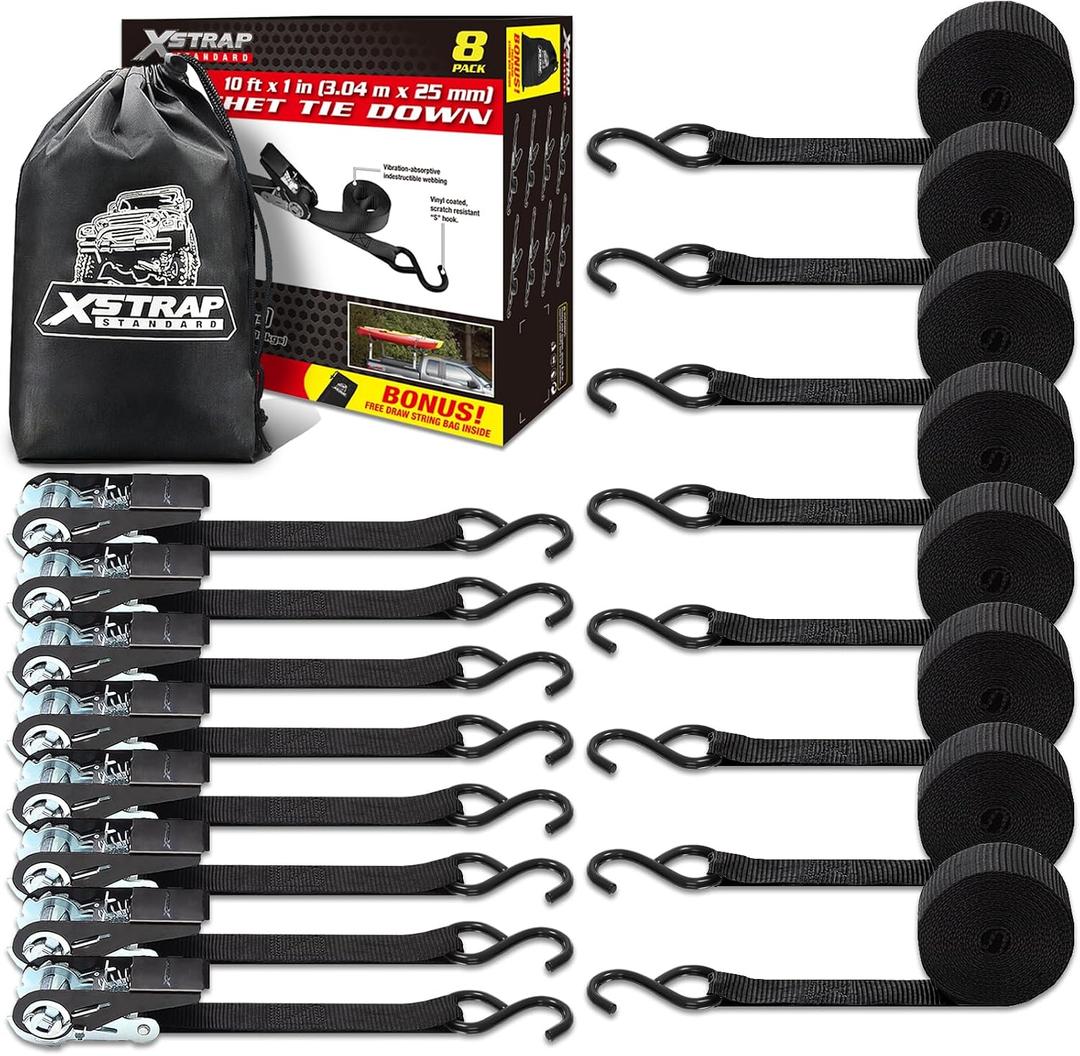 XSTRAP STANDARD Ratchet Tie Down Straps 8PK 1'' x 10 ft - 900 LB Break Strength Cargo Straps for Moving Appliances, Lawn Equipment, Motorcycle (Black), 8pk 1inchx10ft