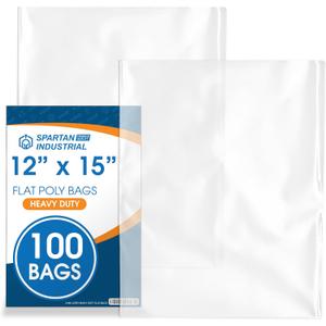 12" X 15" Open-End Flat Poly Bags (100 Count) - 2 Mil Plastic Clear Bags for Packaging, Shipping, Storage - No Adhesive Strip - Spartan Industrial