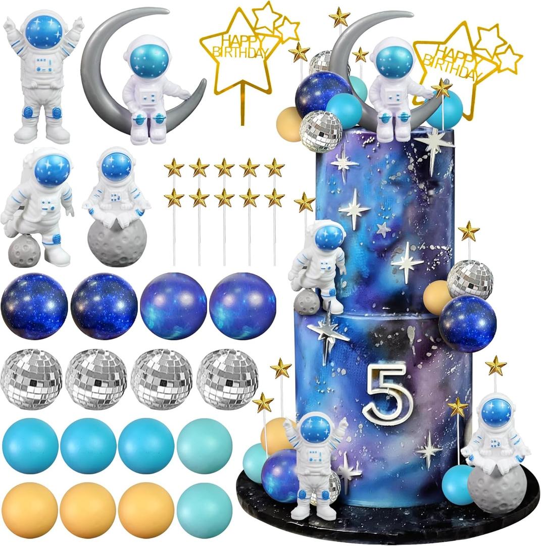 Space Cake Toppers Outer Space Cake Decorations with Balls Stars Astronauts Figurines Planets for Outer Space Theme Birthday
