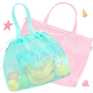 Tagitary Beach Toys Kids Beach Bag Tote with Drawstring, Pink Blue Mesh Bag Travel Beach Essentials for Kids Swim Pool Gym Bag Camping Accessories Toys Storage Lightweight Foldable Birthday Gifts