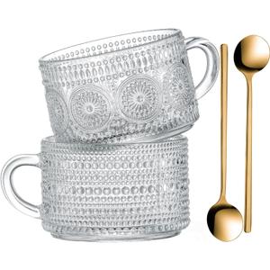Gezzeny Vintage Glass Coffee Mugs 14 Oz Set of 2 Clear Embossed Tea Cups, Glass Coffee Cups for Cappuccino, Latte, Cereal, Yogurt, Beverage Christmas Thanksgiving Gifts (Translucent)