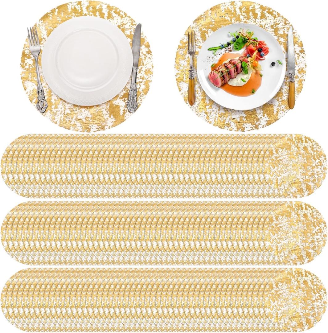 100 Pieces Gold Placemats, 13 Inch Disposable Round Foil Table Mats Bulk, Metallic Mesh Pressed Table Doilies Runners for Home Decor, Dining Table, Birthday Party, Wedding