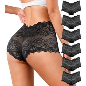 Sexy Womens Underwear High Waisted Lace Panties V Waist Soft Lightweight Breathable Ladies Briefs 6 Pack (Black, L)