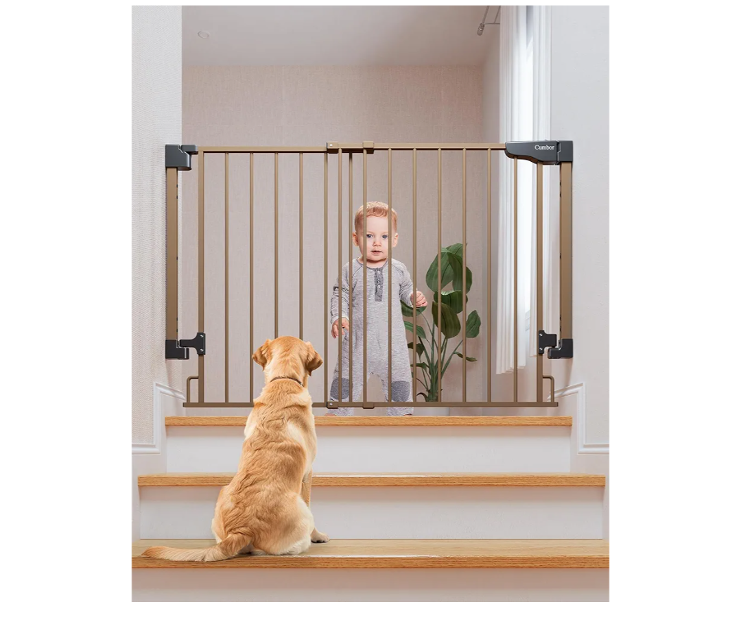 Cumbor 29.2-43" No Bottom Bar Baby Gate for Stairs, 2-in-1 Auto Close Dog Gate Indoor, Hardware Mounted Pet Gate for Doorways with Large Walk Thru Door, Child-Proof Safety Gate for Kids (Brown)