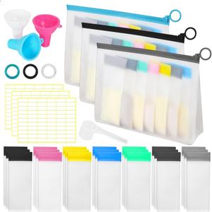 Protein Powder Travel Container Set - Reusable Powder Supplement Container To Go - 21pc Single Dose Bags and 3pc Large Travel Containers Zip Up Bags (BLUE-BLACK-GREY)