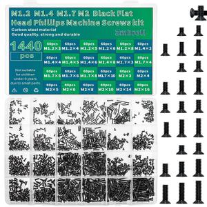 1440 Pcs Black Laptop Notebook Computer Screws M1.2 M1.4 M1.7 M2 Flat Head Phillips Machine Screws Countersunk ssd Screws Accessories Mini Machine Computer Screws Assortments Kits