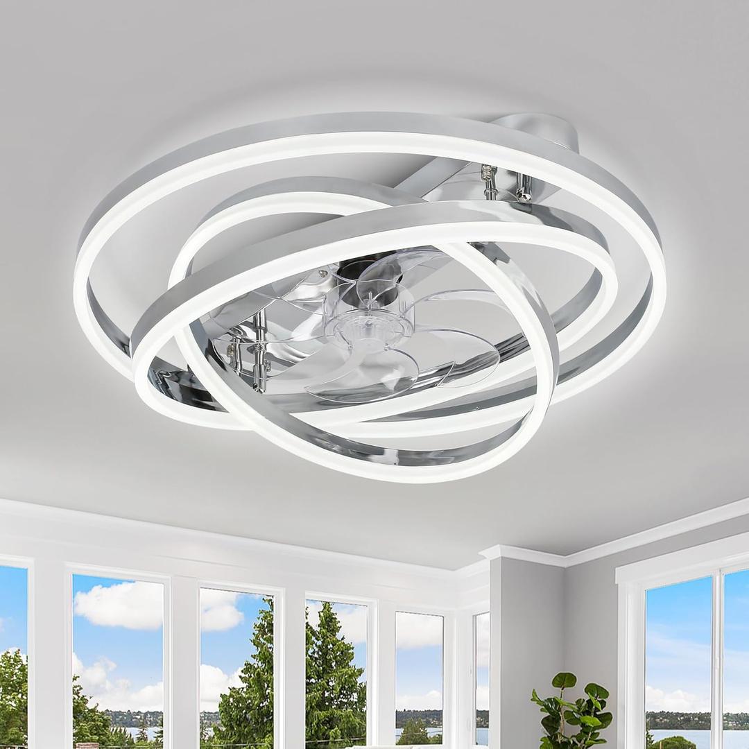 Ceiling Fans with Lights, 24" Modern Flush Mount Ceiling Fan with Lights, Shape-Changeable Low Profile Ceiling Fan with Light for Bedroom,Kids Room Chrome