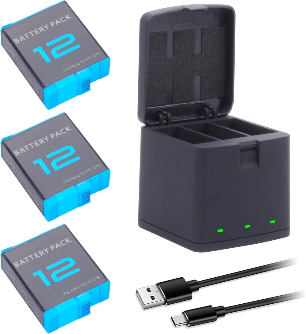 3-Pack Hero 12/11/10/9 Batteries with 3 Channel Battery Charging Station Power Fast Portable Accessory for GoPro Hero 12, Hero 11/Hero 10/Hero 9 Black Sport Action Camera AHDBT-901 1800mAh