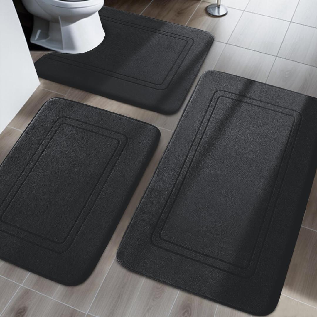 YIHOUSE Memory Foam Bath Mat Set, Non Slip Bath Mats for Bathroom, Super Soft and Water Absorbent, Machine Washable U Shape Toilet Mats, Black (3pieces)