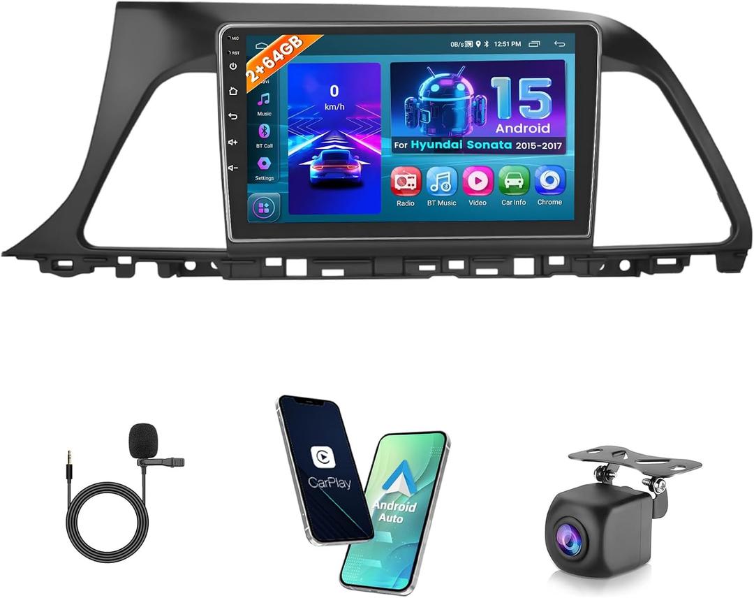 2+64GB Hikity Android Car Stereo for Hyundai Sonata 2015-2017 (LHD) Radio 9 Inch Touchscreen Car Radio Wireless Carplay Android Auto Support GPS Navigation WiFi Bluetooth FM EQ Backup Camera