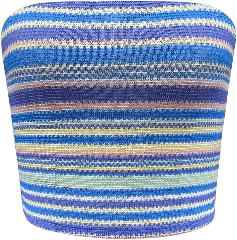 GORGLITTER Women's Strapless Stripe Knit Tube Tops Bandeau Boho Summer Backless Sleeveless Colorful Going Out Crop Top (Blue), Size XS
