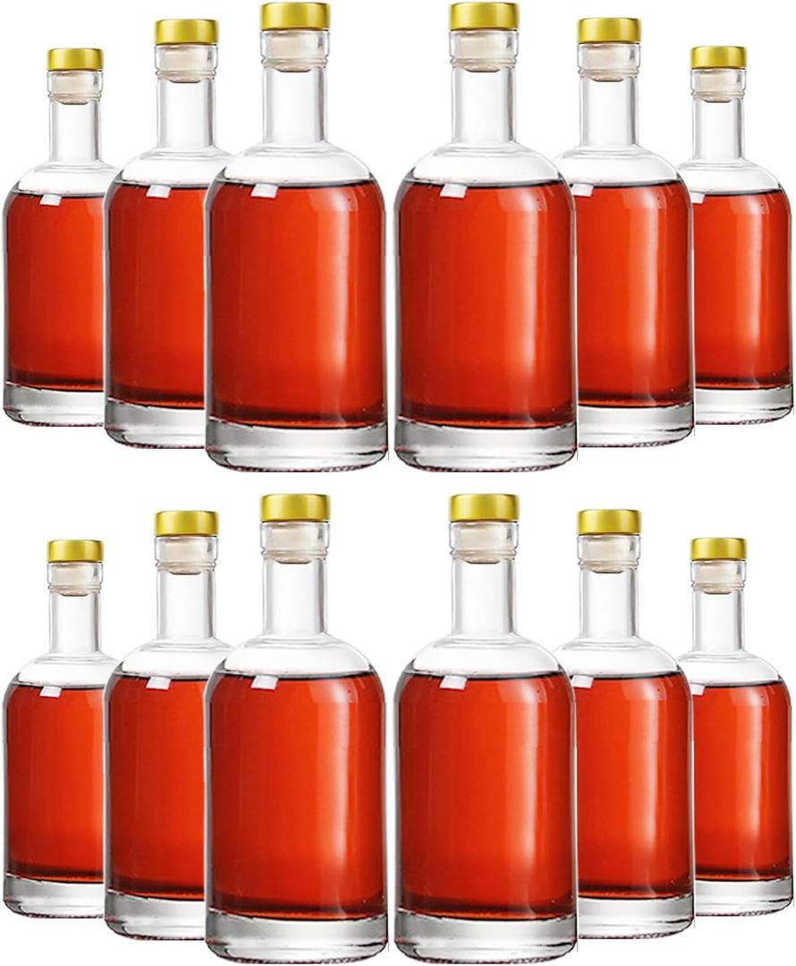 Clear Glass Bottles 12 oz - 375ml [Pack of 12] for Beverages Drinks Oil Vinegar Kombucha Beer Water Soda with Cork Stopper Airtight Lid