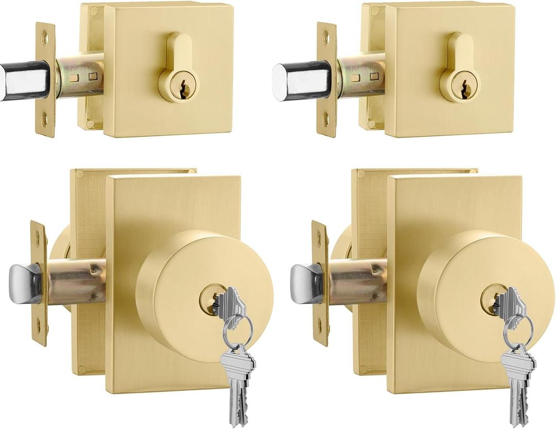 Goldenwarm Gold Exterior Door Lock Set, Square Contemporary Brushed Gold Door Knobs and Deadbolt Set, Heavy Duty Brass Door Locks for Front Door (2 Pack)