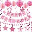 Pink Birthday Decorations - Happy Birthday Pink Banner Paper Pom Poms Star Garland Hanging Swirls Streamer Light Pink Party Decorations for Girls Women