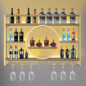 Metal Wine Rack Wall Mounted with LED Light, 3-Tier Bar Liquor Shelf with Wine Glass Holder, Modern Large Capacity Liquor Bottle Display Storage Shelf for Home Bar, Dining Room(Gold, 100 * 80 * 15)