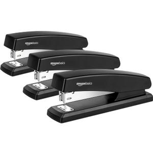 Amazon Basics Desktop Stapler with 1000 Staples, Office Stapler, Lightweight, Easy to Use, 25 Sheet Capacity, Non-Slip, Black, 3 Pack