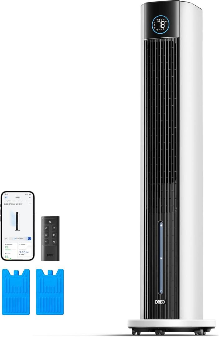 DREO Evaporative Air Swamp Cooler, 43" Cooling Fans that Blow Cold Air 2025 Upgraded, 85 Oscillating Floor Fan for Bedroom, Easy Cleaning, APP Control, Ice Packs, 4 Speeds & 4 Modes, 12H Timer, White, Standard