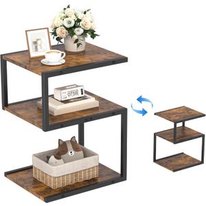 S-Shaped Side Table 3 Tier, Minimalist Nightstand for Small Spaces with Open Storage, Narrow End Table for Living Room Bedroom, Rustic Brown