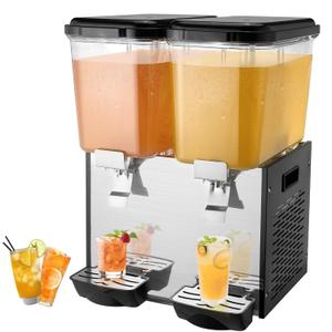 VEVOR Commercial Beverage Dispenser, 2 Tanks 18 L / 19 QT Per Tank Juice Dispenser, 370W Stainless Steel Ice Tea Drink Machine with 45F-54F Cooling Temperature, for Cold Drink Restaurant Bar Party