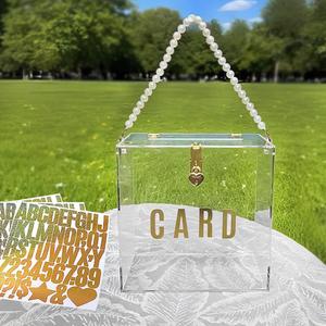 Acrylic Card Box with Lock and Chain Handle, Upgrade Design Wedding Card Box with DIY Stickers, Large 10x10x5.5 inch Boxes for Reception, Birthday, Party, Suggestion Boxes, Graduation Party