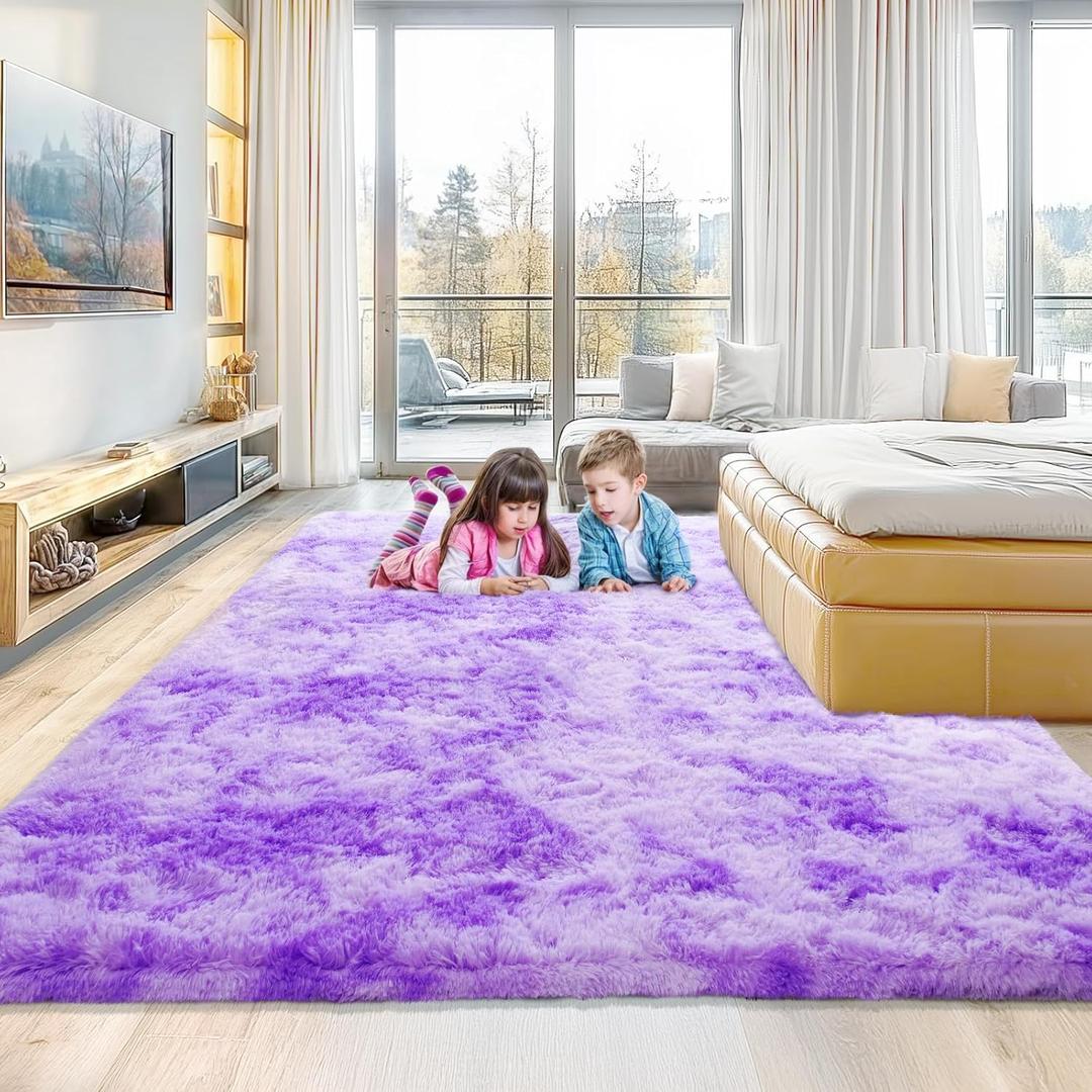 5x8 Tie Dyed Purple Fluffy Area Rugs for Bedroom, Soft Indoor Plush Rug for Living Room, Large Furry Fuzzy Shag Floor Carpet for Kids Nursery Boys Room Dorm Classroom Home Office Decor Mat