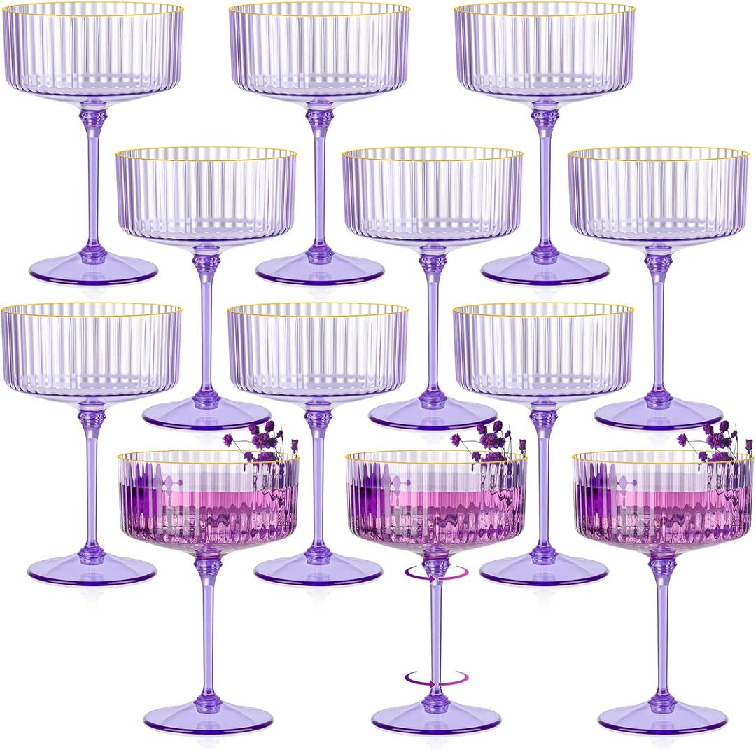 12 PCS Ribbed Coupe Glasses Purple Plastic Champagne Coupe Cup 10oz Detachable Gold Rim Espresso Martini Glass Vintage Margarita Glassware Cocktail Glass Disposable for Halloween Bridal Showers