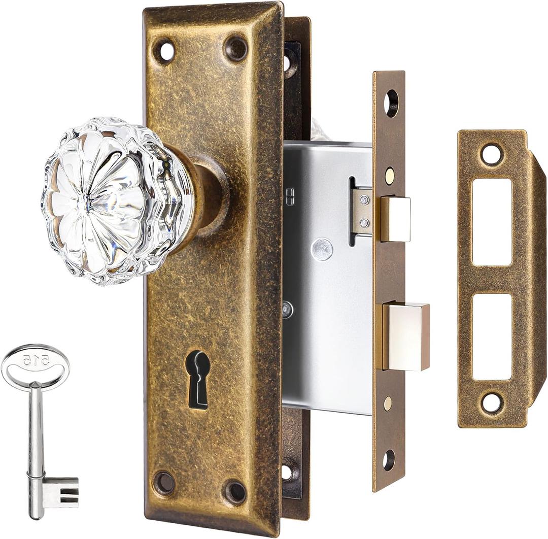 Mortise Lock Set Interior Door, Crystal Glass Door Knobs with Lock and Skeleton Key, Old Door Knob Replacement, Vintage Antique Door Handle, Vintage Brass Finish