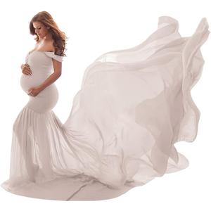 Women Maternity Dress for Photography Mermaid Off Shoulder Slim Fitted Chiffon Gown Flowy Baby Shower Maxi Photo Props Dress, One Size