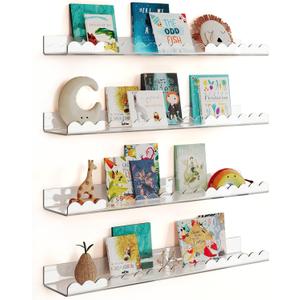 G&W Gruwald 4 Pack Clear 23 Inches Acrylic Book Shelf for Kids Room, Floating Kids Book Shelves for Wall, Nursery Book Shelves, Magazine Rack, Picture Ledge (Clear, 23) G&W Gruwald 4 Pack Clear 23 Inches Acrylic Book Shelf for Kids Room, Floating Kids Book Shelves for Wall, Nursery Book Shelves, Magazine Rack, Picture Ledge (Clear, 23)