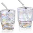 2 Pcs Colorful Glass Coffee Cups with Lids and Straw, 13.5 oz Iced Coffee Cup with Stripe Style and Polka Dot Style, Tumbler, Cute Coffee Mugs, Drinking Water Cup (Polka dots & stripes)
