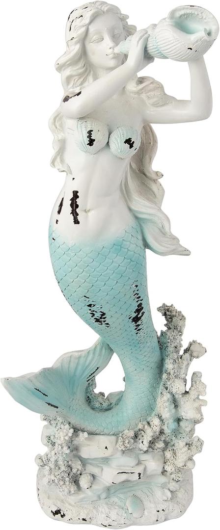 Mermaid Figurine Statue Distressed Whitewashed Coastal Decorative Coral Base Pieces Decor Collection for Home Bathroom Living Room Garden Patio Desk 15 Inches Tall