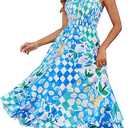 GRACE KARIN Women's 2025 Summer Floral Boho Dress Square Neck Strapped Swing A Line Sundress Beach Long Maxi Outfits (Large, Color: Blue Green)