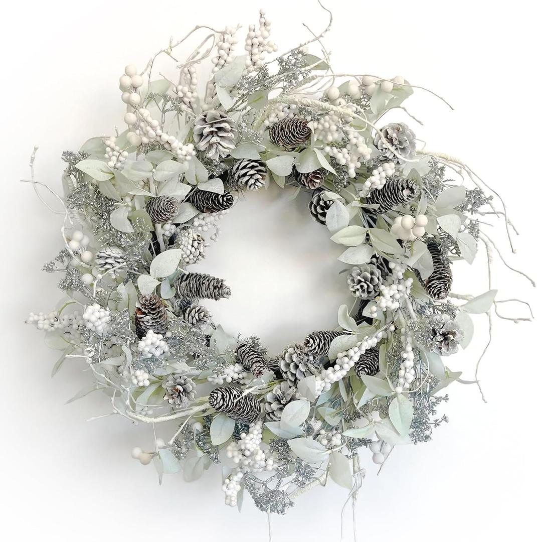 Winter Front Door Wreath 26 Inch Winter Birch Wreath White Berry Wreath with Iced Pine Cones, Holly Leaf, Branch White Christmas Wreaths for Front Door or Indoor Wall Window Thanksgiving Dcor (Silver Green)