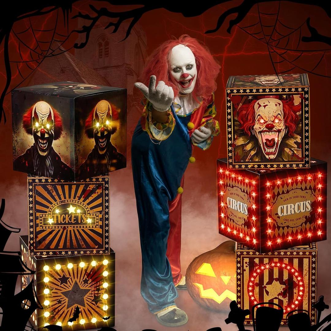 6 Pcs Large Halloween Creepy Carnival Decorations with Light Circus Clown Favors Boxes Outdoor Decorations Horror Boxes Circus Theme Party Decor for Horror Haunted House Supplies
