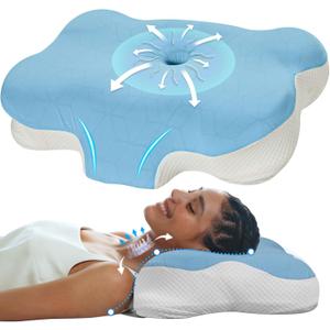 Cervical Pillow - Memory Foam Pillow for Neck Support, Ergonomic Contour Pillow for Back and Side Sleepers, Breathable Slow-Rebound Foam (1, Blue)