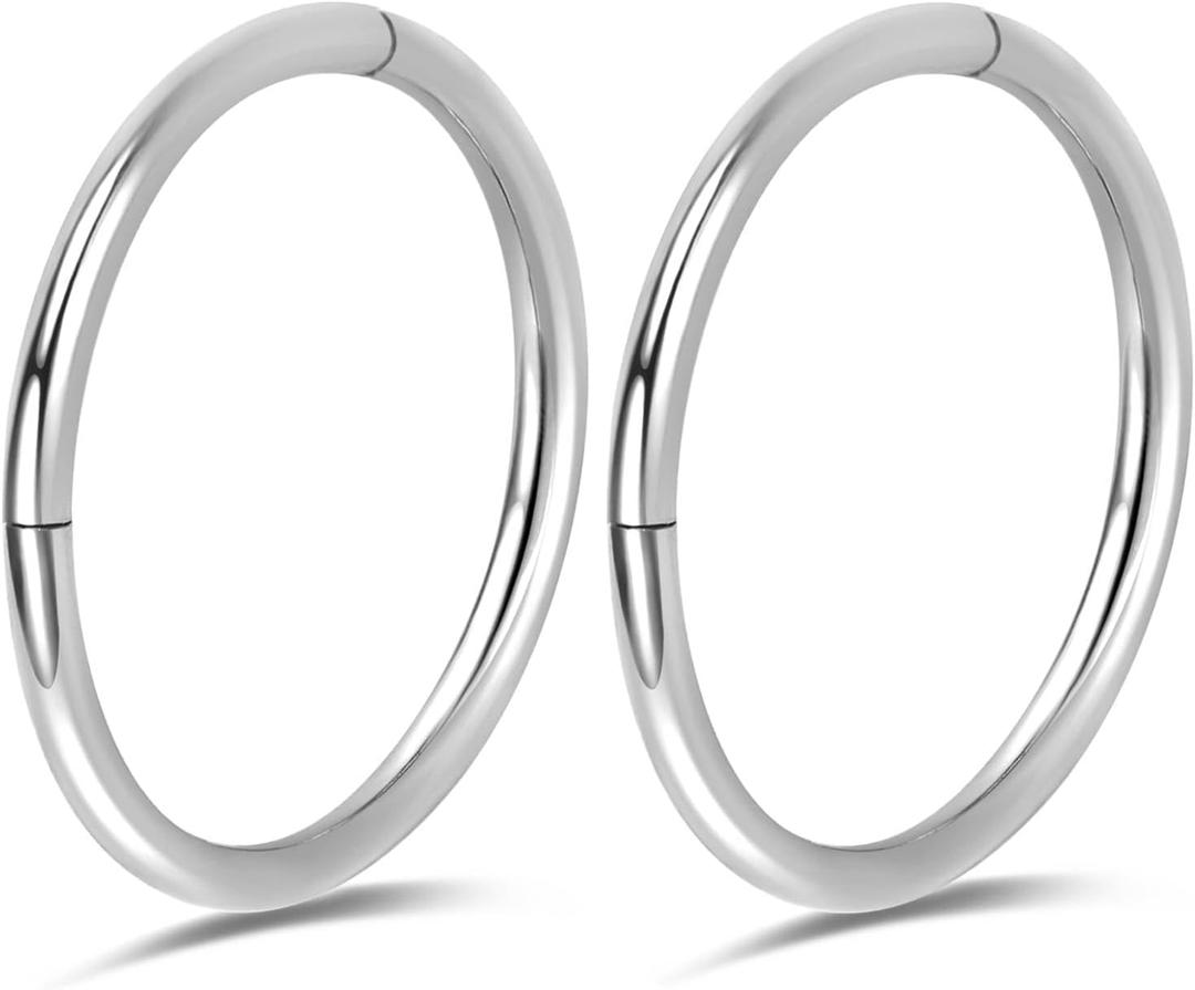 2Pcs Titanium Nose Rings 20G 18G 16G 14G Nose Rings Hoops Diameter 5mm to 13mm Rose Gold-Black Cartilage Helix Tragus Daith Rook Hoop Earrings Hinged Segment Septum Clicker Body Piercing Jewelry (Silver)