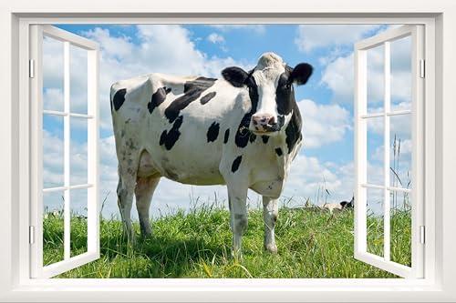 Fake Window Wall Mural - Cow in Field Faux Window Wall Sticker for Home Decor, Peel and Stick Wall Decals, 48" x 32", Set of 2 Sheets
