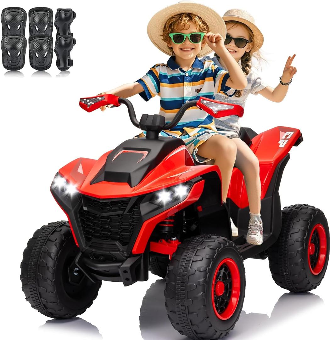 Kids ATV 4 Wheeler, 24V 2 Seater Electric ATV Quad w/4WD Motor, Protective Gear Set, Bluetooth, LED Lights, Spring Suspensions, Battery Powered Ride on Toys for Big Kids, Boys, Girls, Red
