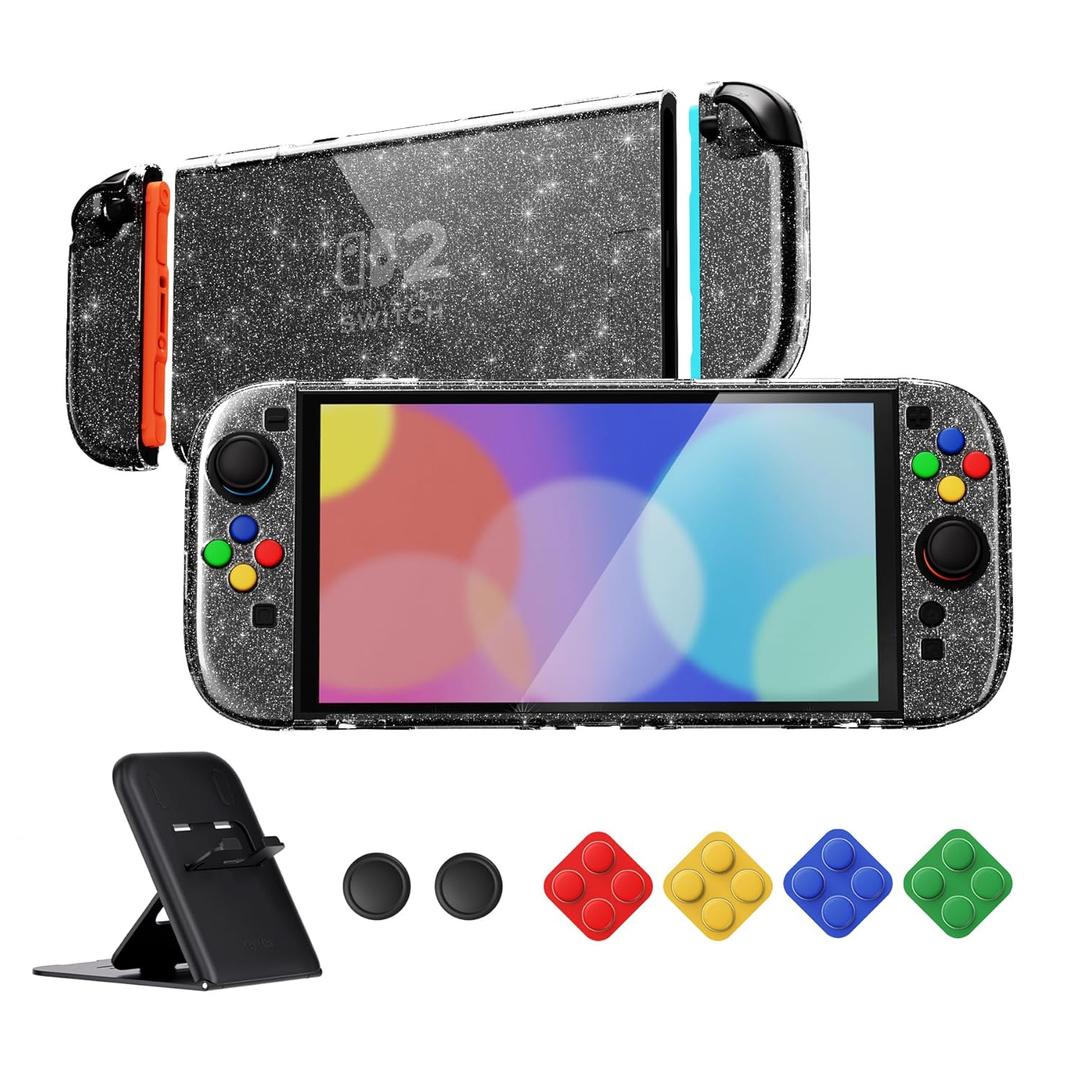 PlayVital Protective Case for Nintendo Switch 2 with Stand | Ultra-Slim Dockable Hard Shell, Split Joycon Cover, Button Caps & Thumb Grips | Clear Series, Clear Glitter Silver