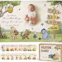 Classic Winnie Bear Baby Monthly Milestone Blanket, Neutral Vintage Bear Quotes Soft Flannel Milestone Blanket with Gift Box Holiday Signs Felt Marker for Winnie Nursery Decor Baby Stuff 59 x 39Inch