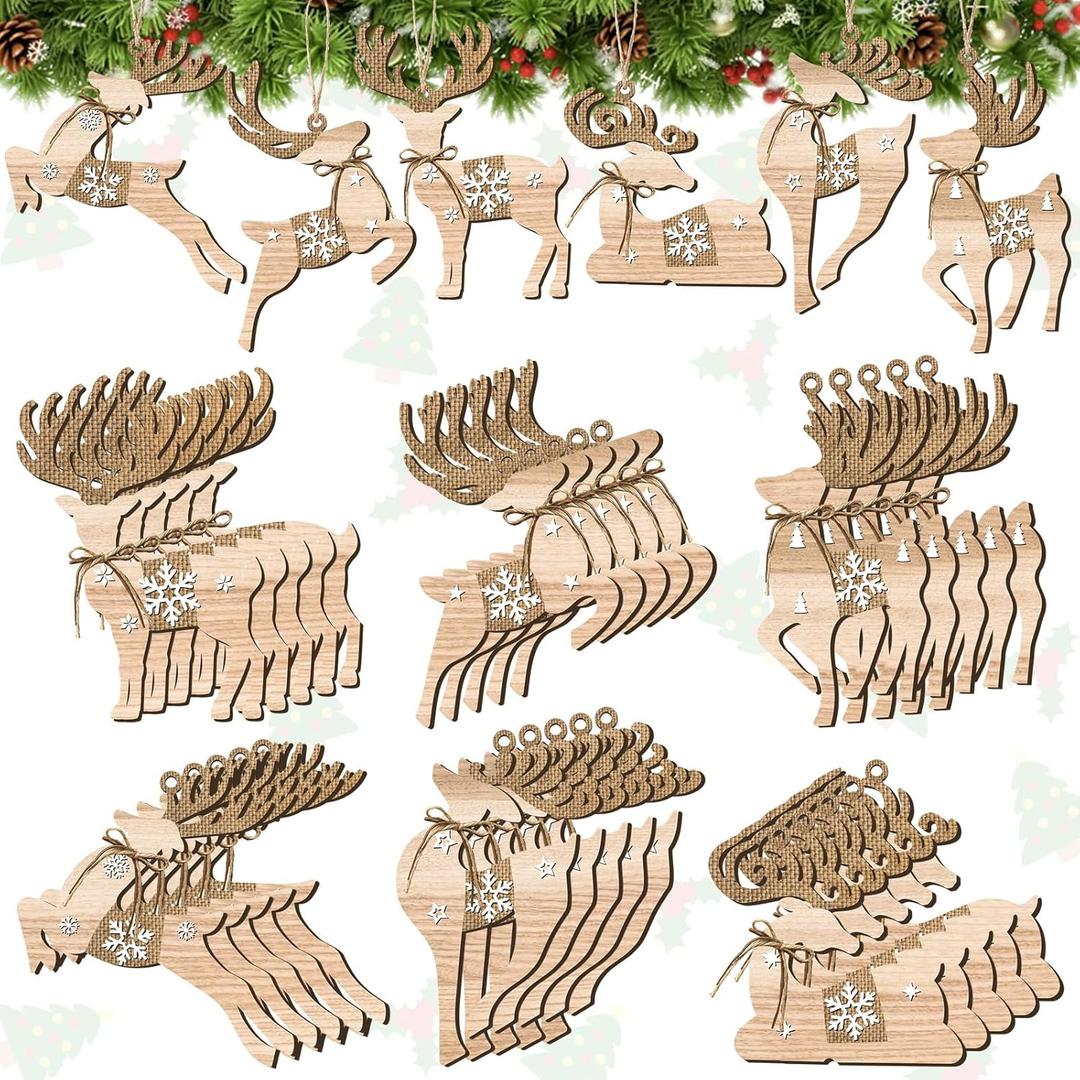 Gerrii 36 Pcs Christmas Wooden Reindeer Ornament for Christmas Tree Vintage Reindeer Decoration Wood Elk Cutouts for Xmas Tree Door Hanging